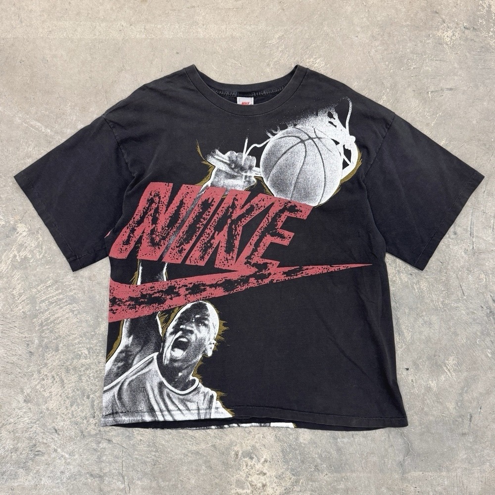 Vintage 90's Nike Michael Jordan Dunk AOP Art Black Tee Shirt - XL